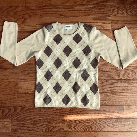 Charter Club RARE 100% Cashmere Argyle Crewneck Brown Tan Sweater Women’s Size S - Picture 8 of 8